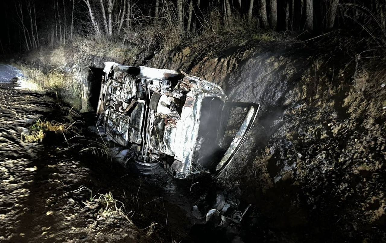 В Пестовском округе загорелась съехавшая в кювет машина