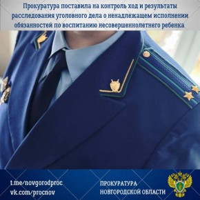 Прокуратура Великого Новгорода поставила на контроль ход и результаты расследования уголовного дела, возбужденного по ст. 156 УК РФ (неисполнение обязанностей по воспитанию несовершеннолетнего родителями)