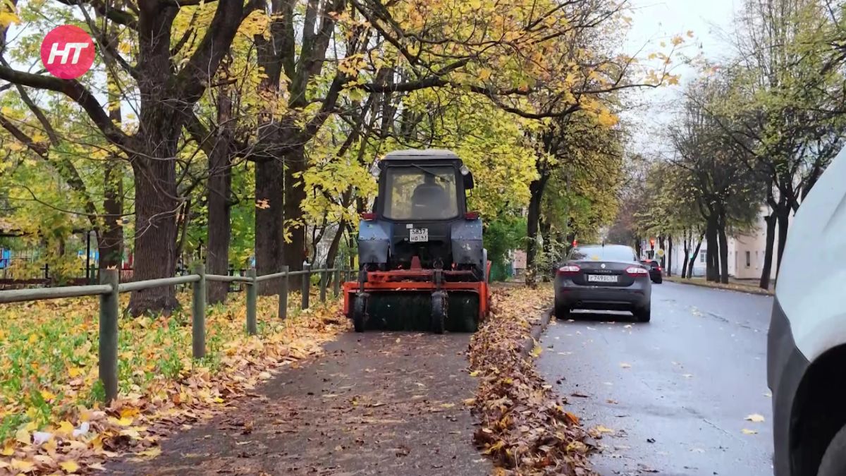 Продолжается уборка листьев на новгородский улицах