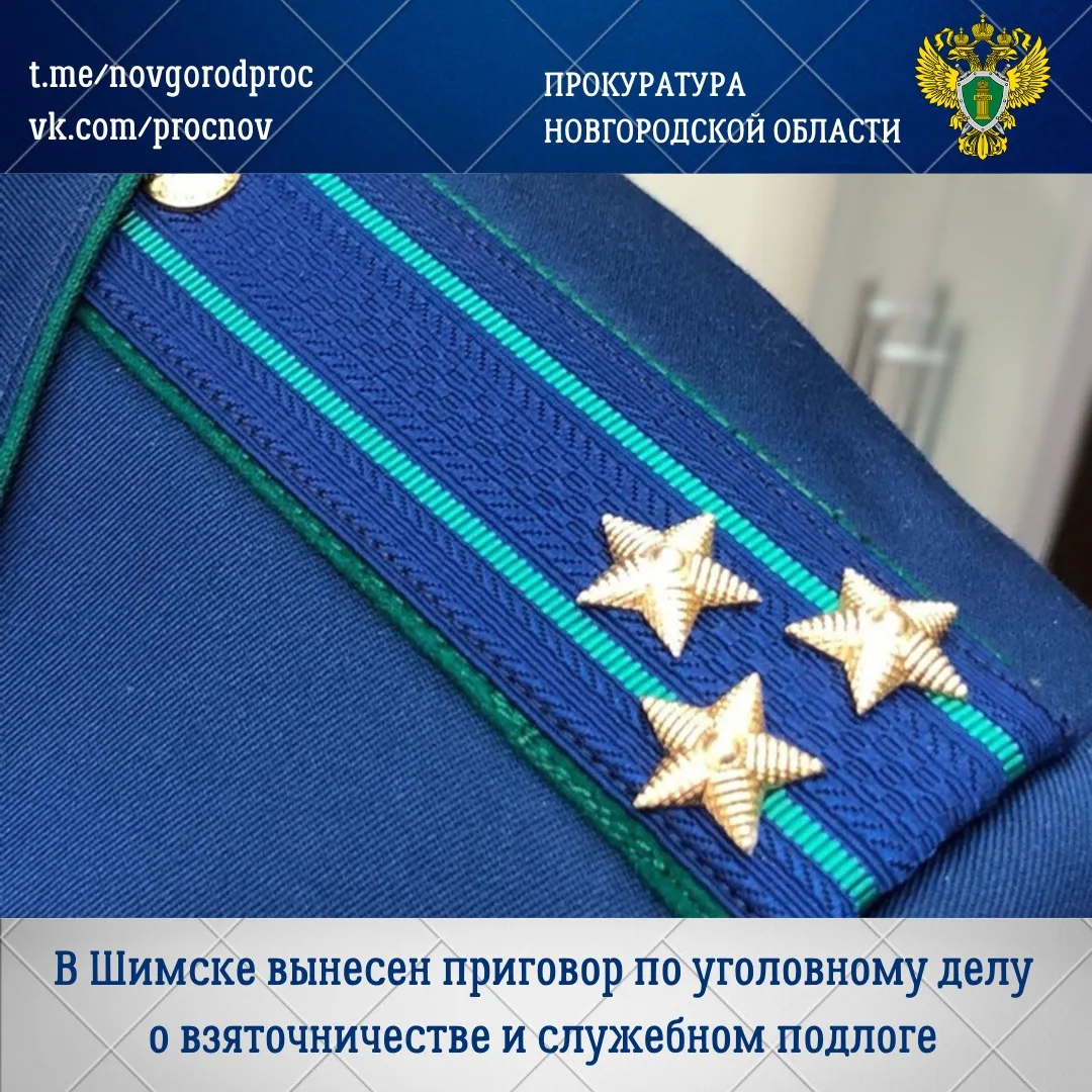 В Шимском округе начальник штаба районного отдела полиции Ольга Фёдорова получила от находящейся у нее в подчинении инспектора штаба Анастасии Окороковой взятку на общую сумму свыше 620 тыс